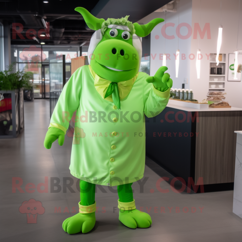 Lime Green Beef Stroganoff mascot costume character dressed with a Playsuit and Cufflinks