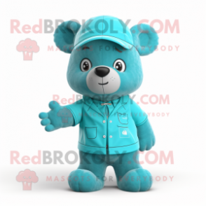 Cyan Teddy Bear mascot costume character dressed with a Overalls and Ties