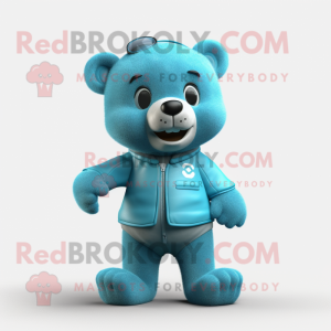 Cyan Teddy Bear mascot costume character dressed with a Overalls and Ties