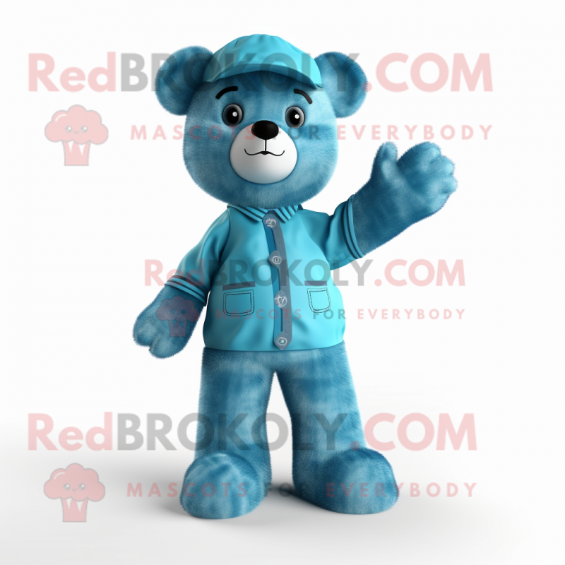 Cyan Teddy Bear mascot costume character dressed with a Overalls and Ties