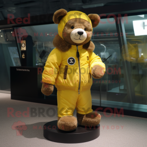 Yellow Teddy Bear mascot costume character dressed with a Bomber Jacket and Watches