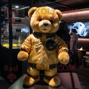 Yellow Teddy Bear mascot costume character dressed with a Bomber Jacket and Watches