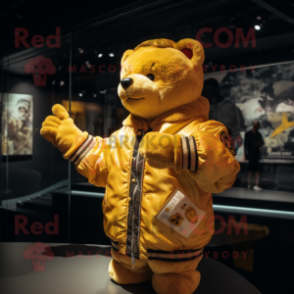 Yellow Teddy Bear mascot costume character dressed with a Bomber Jacket and Watches