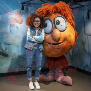 Rust Heart mascot costume character dressed with a Boyfriend Jeans and Hairpins