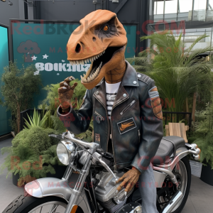 Rust Allosaurus mascot costume character dressed with a Biker Jacket and Tie pins