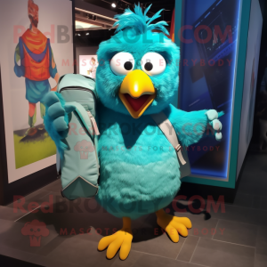 Turquoise Chicken Parmesan mascot costume character dressed with a Pencil Skirt and Backpacks