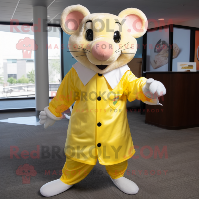 Lemon Yellow Rat mascot costume character dressed with a Dress Pants and Wraps