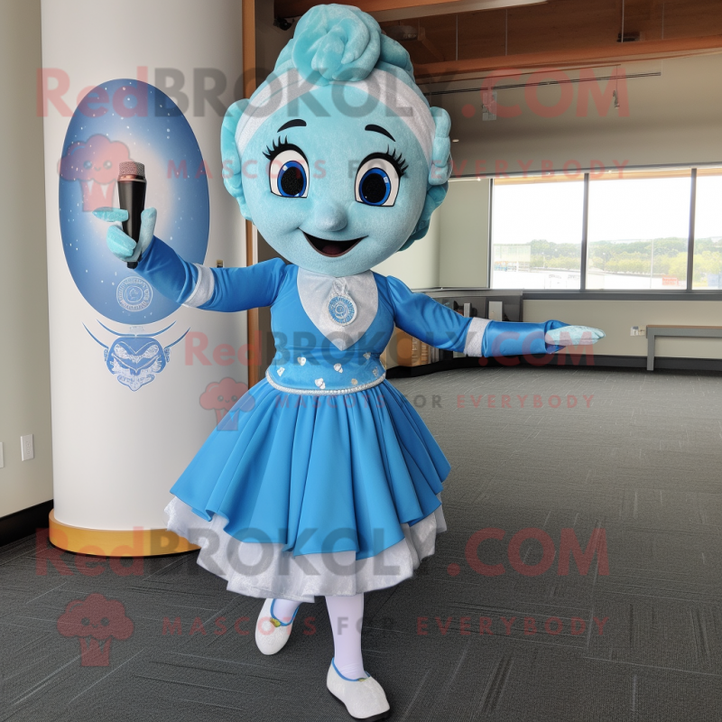 Sky Blue Irish Dancer mascot costume character dressed with a Cocktail Dress and Wraps