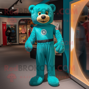 Teal Teddy Bear mascot costume character dressed with a Jumpsuit and Shoe clips