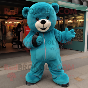 Teal Teddy Bear mascot costume character dressed with a Jumpsuit and Shoe clips