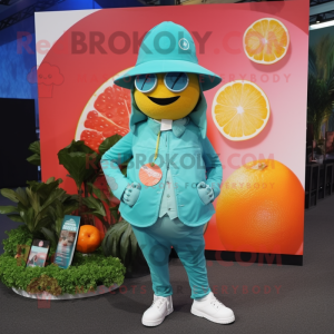 Teal Grapefruit mascot costume character dressed with a Leggings and Hat pins