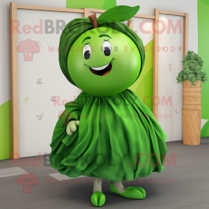 Forest Green Apple mascot costume character dressed with a Wrap Skirt and Ties