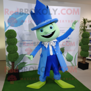 Blue Beanstalk mascot costume character dressed with a Pencil Skirt and Pocket squares