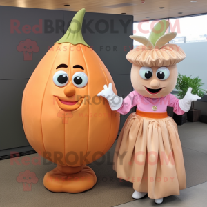 Peach Onion mascot costume character dressed with a Mini Dress and Belts