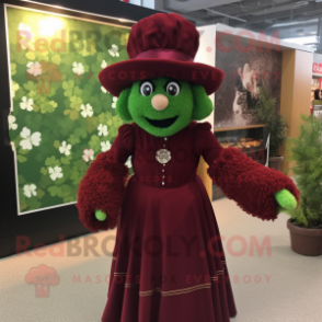 Maroon Bunch Of Shamrocks mascot costume character dressed with a Midi Dress and Hat pins