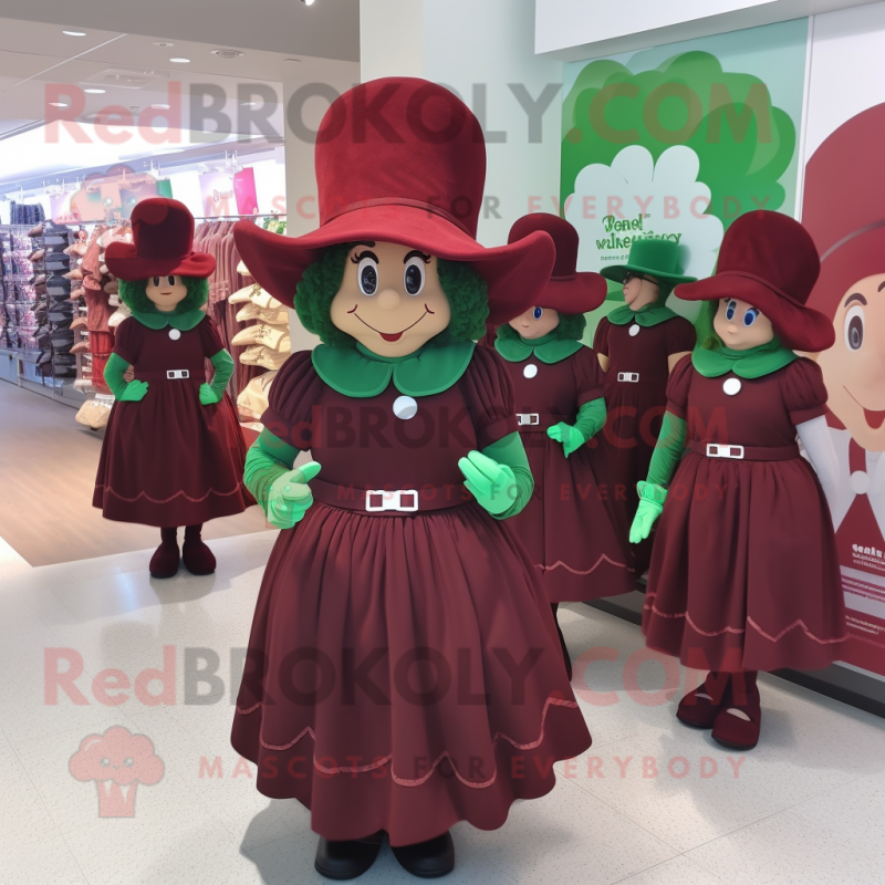 Maroon Bunch Of Shamrocks mascot costume character dressed with a Midi Dress and Hat pins