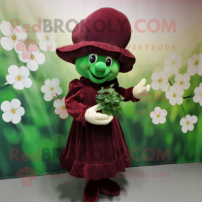 Maroon Bunch Of Shamrocks mascot costume character dressed with a Midi Dress and Hat pins