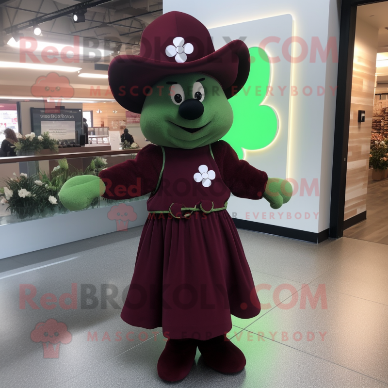 Maroon Bunch Of Shamrocks mascot costume character dressed with a Midi Dress and Hat pins