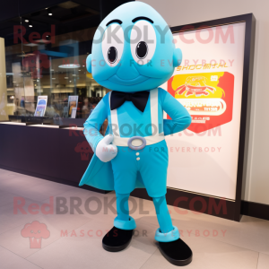 Cyan Miso Soup mascot costume character dressed with a Running Shorts and Bow ties