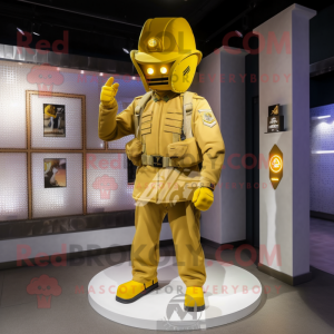 Gold Army Soldier mascot costume character dressed with a Jacket and Messenger bags