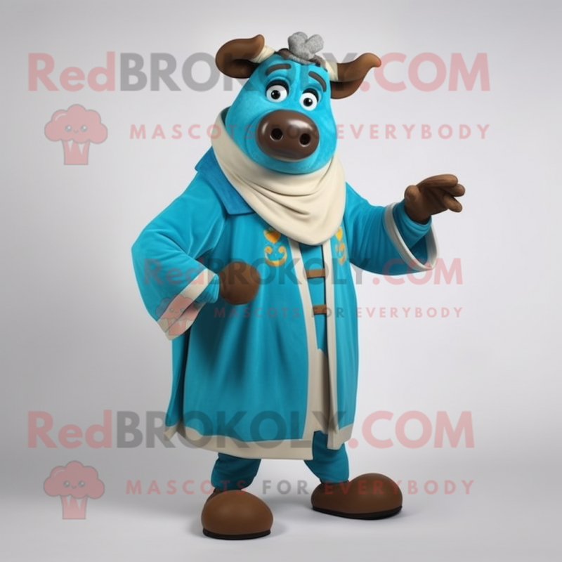 Turquoise Beef Stroganoff mascot costume character dressed with a Coat and Shoe laces