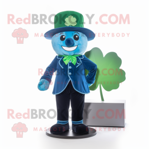 Blue Four Leaf Clover mascot costume character dressed with a Jeggings and Hat pins