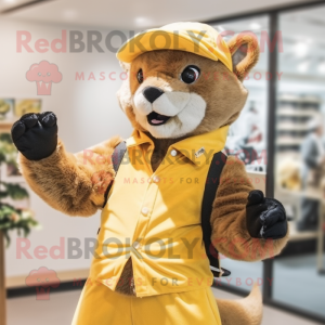 Gold Marten mascot costume character dressed with a Jumpsuit and Hats