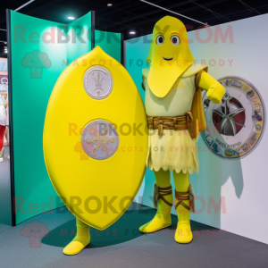 Lemon Yellow Celtic Shield mascot costume character dressed with a One-Piece Swimsuit and Suspenders