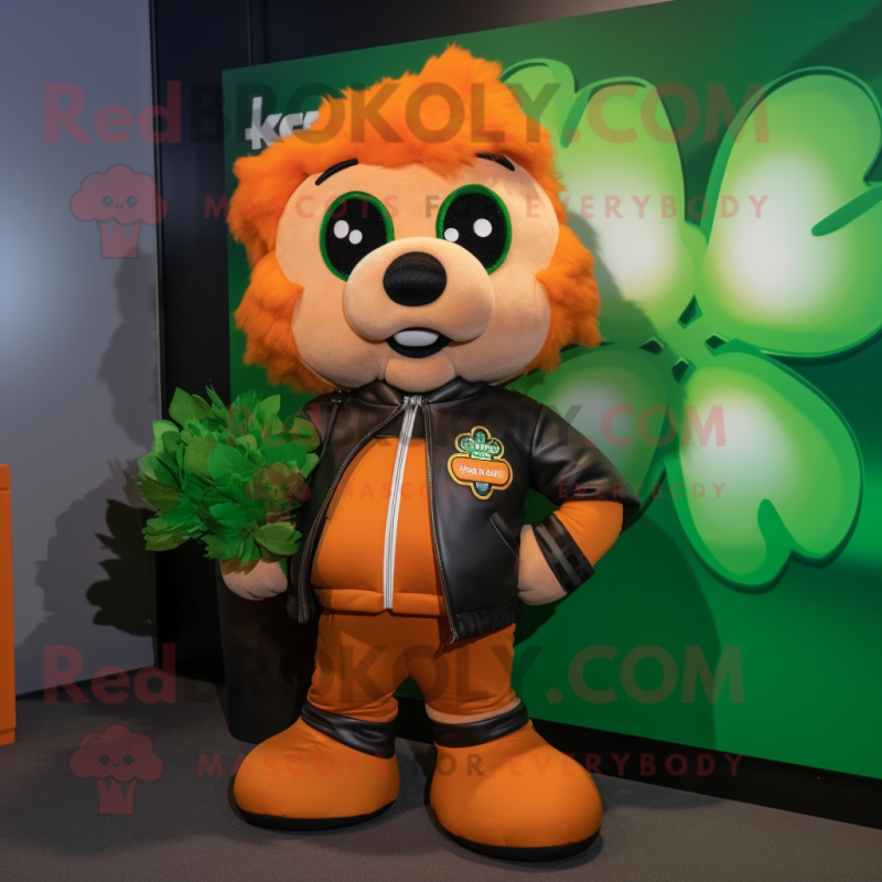Orange Bunch Of Shamrocks mascot costume character dressed with a Leather Jacket and Backpacks
