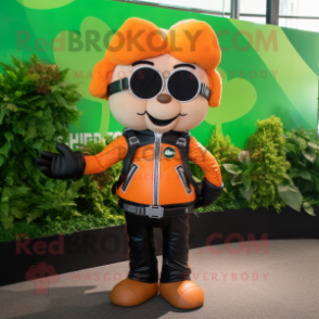 Orange Bunch Of Shamrocks mascot costume character dressed with a Leather Jacket and Backpacks