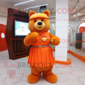 Orange Teddy Bear mascot costume character dressed with a Maxi Dress and Belts