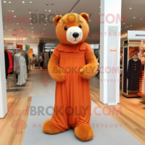 Orange Teddy Bear mascot costume character dressed with a Maxi Dress and Belts