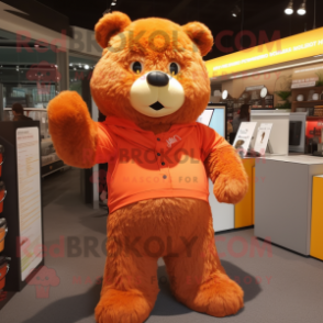 Orange Teddy Bear mascot costume character dressed with a Maxi Dress and Belts