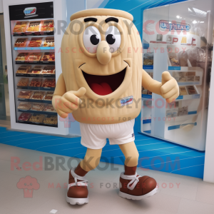 Beige Chocolates mascot costume character dressed with a Running Shorts and Keychains