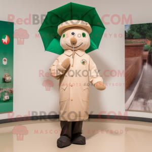Beige Irish Flag mascot costume character dressed with a Raincoat and Hat pins