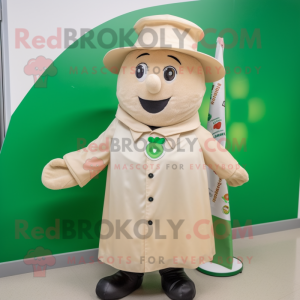 Beige Irish Flag mascot costume character dressed with a Raincoat and Hat pins
