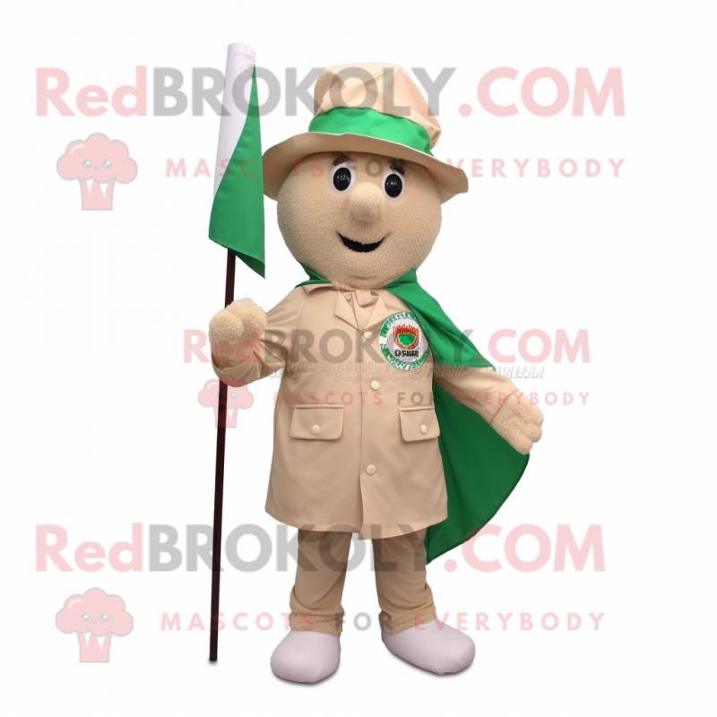 Beige Irish Flag mascot costume character dressed with a Raincoat and Hat pins