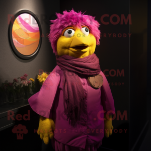 Magenta Canary mascot costume character dressed with a Blouse and Scarves