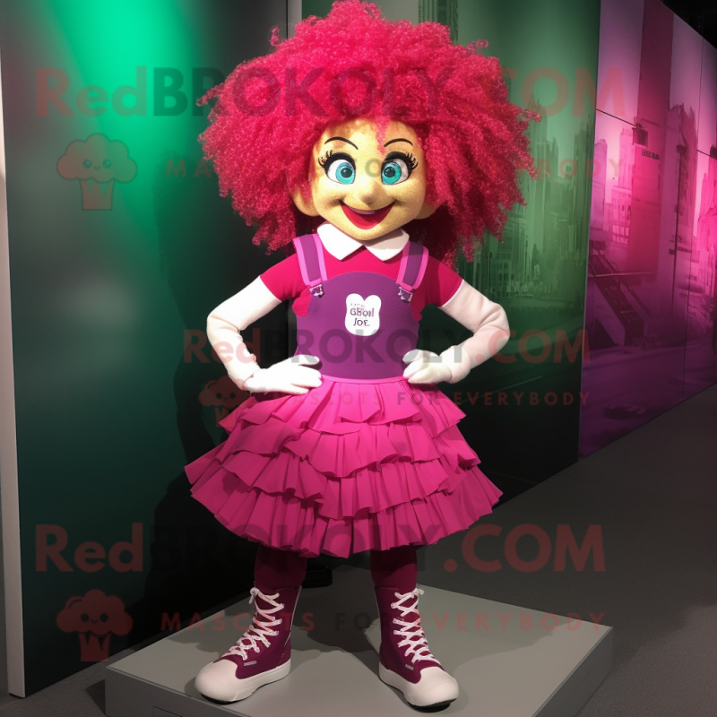 Magenta Irish Dancing Shoes mascot costume character dressed with a Vest and Hair clips