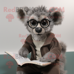 Gray Lemur mascot costume character dressed with a Henley Shirt and Reading glasses