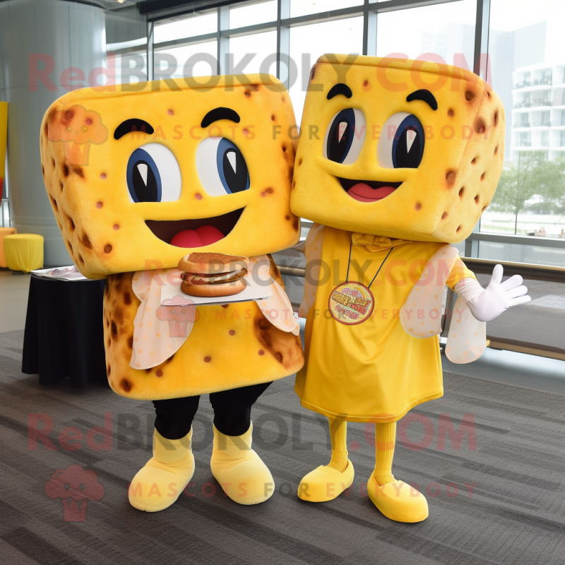 Lemon Yellow Grilled Cheese Sandwich mascot costume character dressed with a Blouse and Hairpins