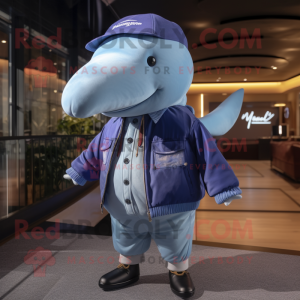 Lavender Blue Whale mascot costume character dressed with a Bomber Jacket and Cufflinks