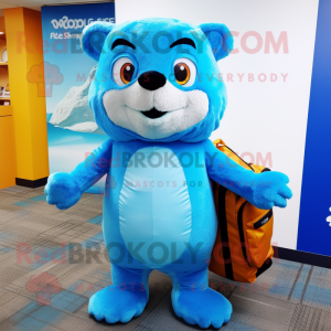 Sky Blue Marmot mascot costume character dressed with a Bodysuit and Messenger bags