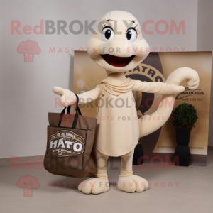 Beige Hydra mascot costume character dressed with a Pencil Skirt and Tote bags