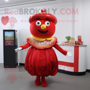 Red Hamburger mascot costume character dressed with a Cocktail Dress and Rings