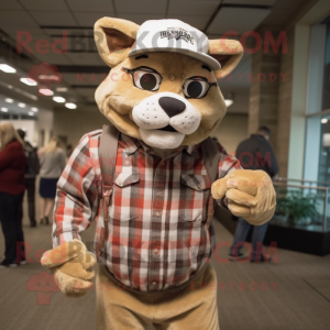 Tan Lynx mascot costume character dressed with a Flannel Shirt and Berets