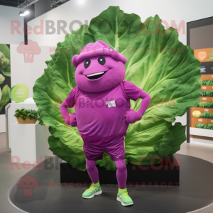 Magenta Cabbage Leaf mascot costume character dressed with a Running Shorts and Lapel pins