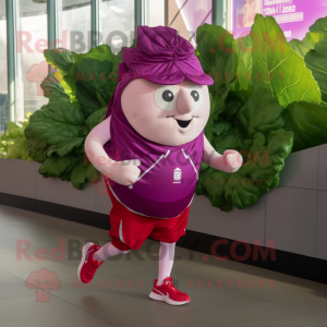 Magenta Cabbage Leaf mascot costume character dressed with a Running Shorts and Lapel pins