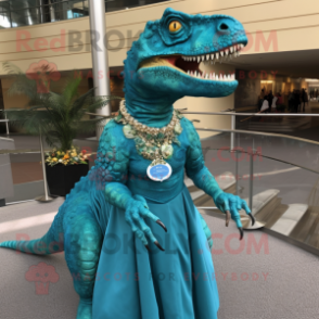 Turquoise T Rex mascot costume character dressed with a Evening Gown and Brooches