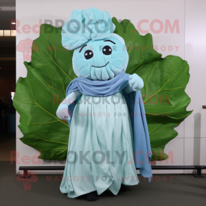 Sky Blue Cabbage Leaf mascot costume character dressed with a Evening Gown and Scarf clips